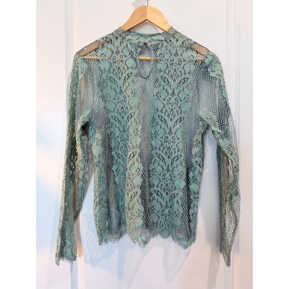 BKE Boutique Sage Green Sheer Lace Mock Neck Long Sleeve Top Size M BTQM4731 - Picture 2 of 8